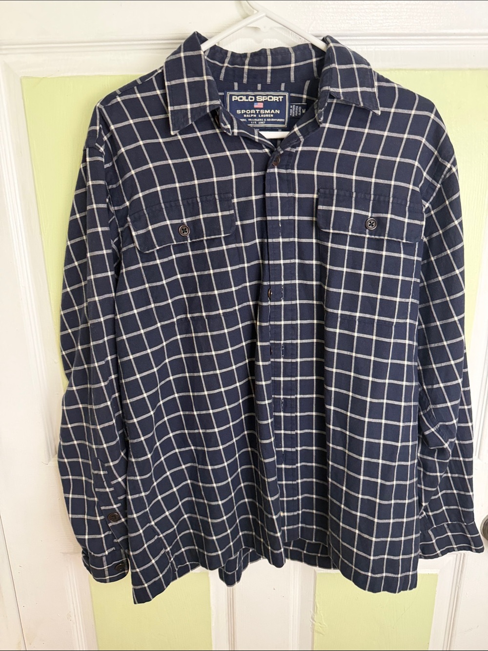(2340) Polo by Ralph Lauren Navy and White Windowpane Flannel Shirt, Size: M